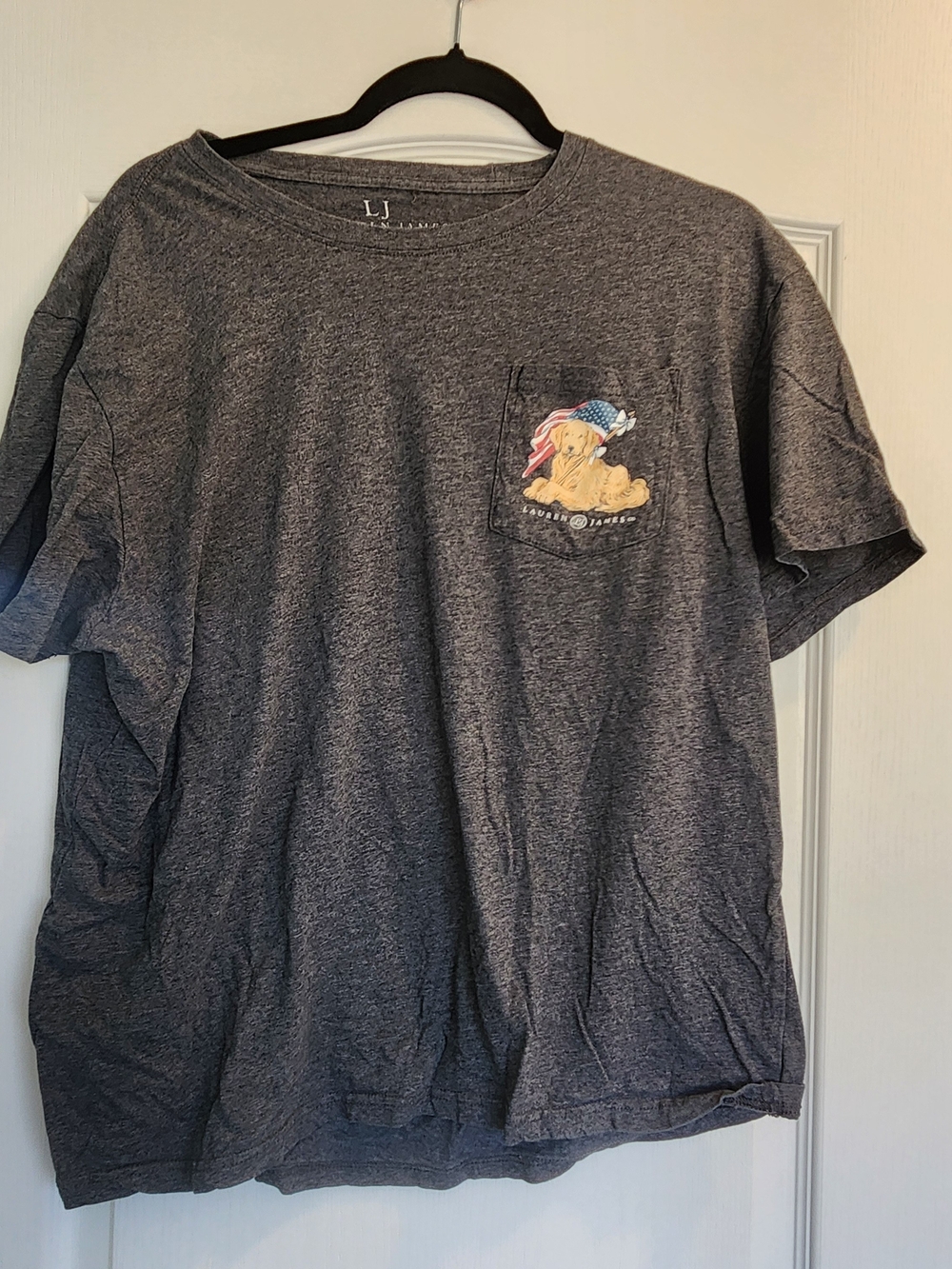 Lauren James Heather Charcoal Short Sleeve Tee with Pocket Graphic L Euc